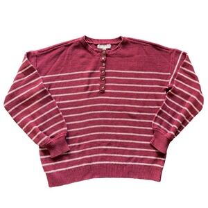 Marled Reunited Clothing Henley Sweater Burgundy White Striped Cotton Blend L